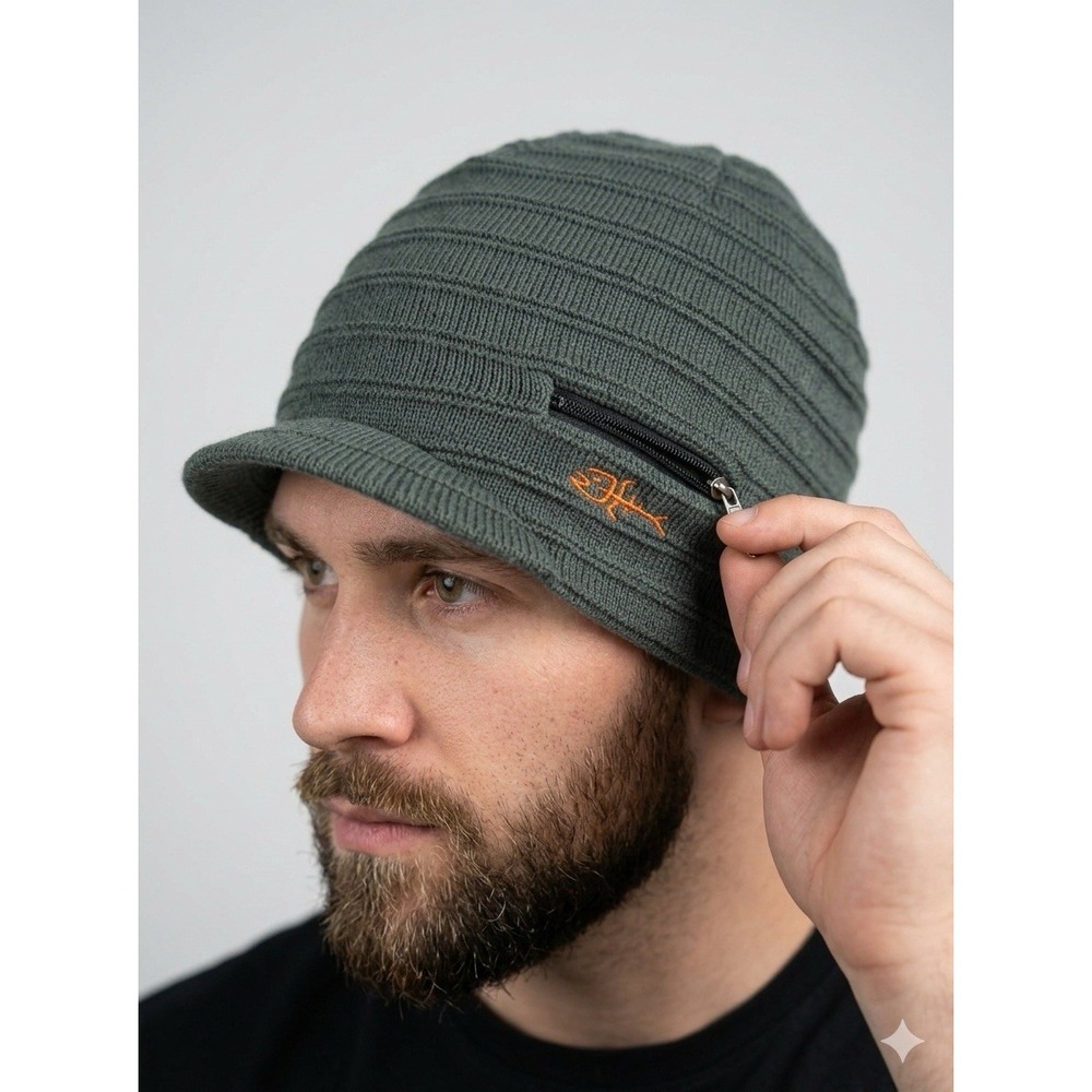 Screamer Knit Brimmed Beanie Hat Gray W/ Zipper Pocket Fishbone‎ Logo Men's OSFM